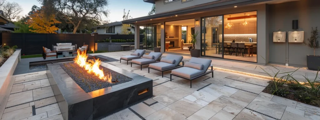 a sleek, minimalist backyard patio featuring geometric pavers and a contemporary fire pit.