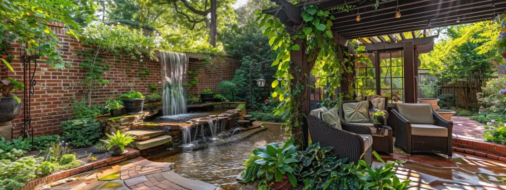 a lush, vibrant garden oasis with a cascading waterfall and cozy seating area nestled under a pergola in a backyard in kennesaw, ga.