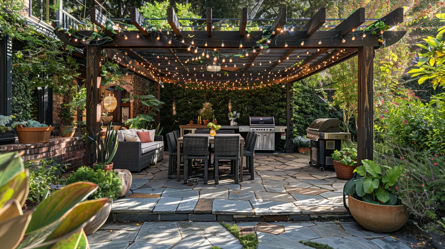 Sunlit pergola with climbing vines, surrounded by plush outdoor seating, string lights overhead. Stone patio, potted plants, and a rustic dining table beneath. Grill and bar cart nearby. Lush garden backdrop.